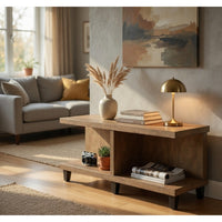Chet Square Cocktail Coffee Table, Open Cube Base, Brown Wood 54 Inch