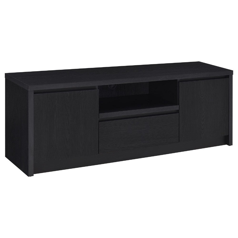 Winie TV Stand Media Console, 2 Doors, Open Shelf, Black Wood 60 Inch - BM352610
