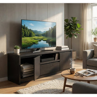 Winie TV Stand Media Console, 2 Doors, Open Shelf, Black Wood 60 Inch - BM352610