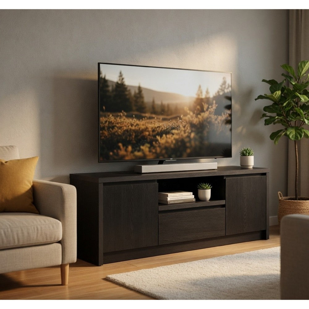 Winie TV Stand Media Console, 2 Doors, Open Shelf, Black Wood 60 Inch - BM352610