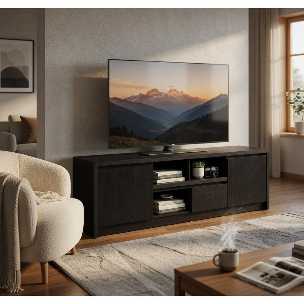 Winie TV Stand Media Console, 2 Doors and Drawers, Black Wood 78 Inch - BM352611