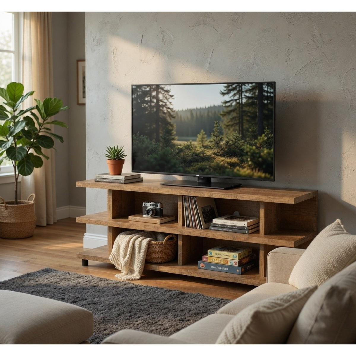 Carie TV Stand Media Console, 2-Tier Open Shelves, Mango Finish Wood - BM352624