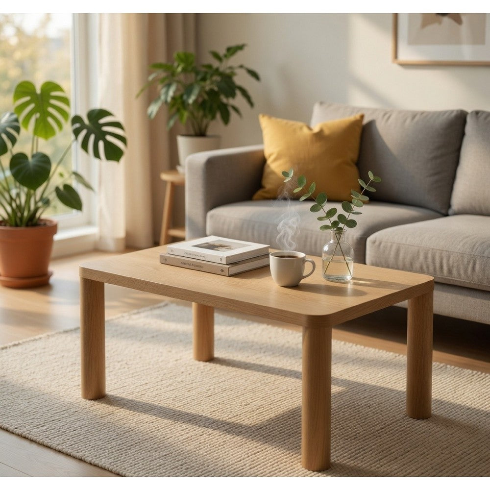 Givy Cocktail Coffee Table, Pillar-Style Legs, Light Oak Wood 47 Inch
