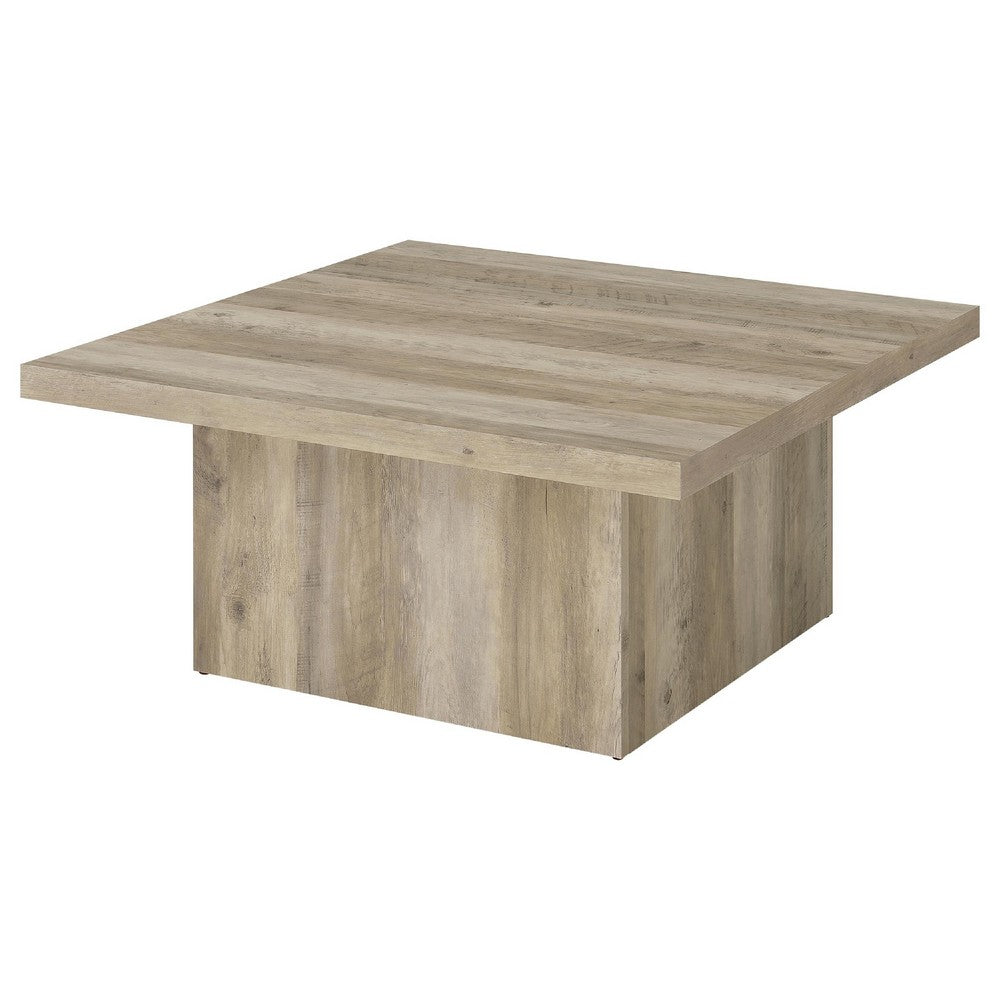 Darla Square Coffee Table, Block Style Base, Brown Wood 36 Inch