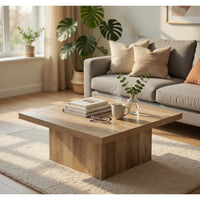 Darla Square Coffee Table, Block Style Base, Brown Wood 36 Inch