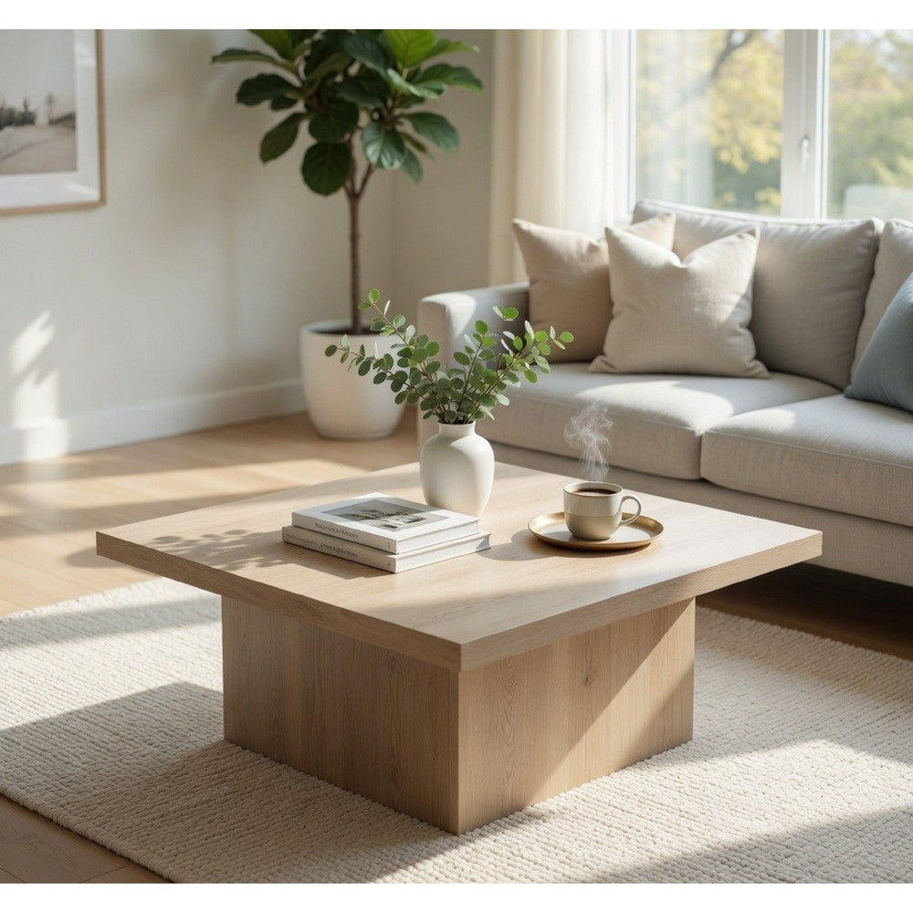 Darla Square Coffee Table, Block Style Base, Brown Wood 36 Inch