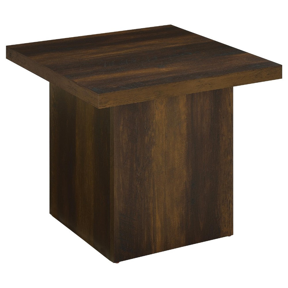 Darla Square Side-End Table, Block Style Base, Brown Wood 24 Inch