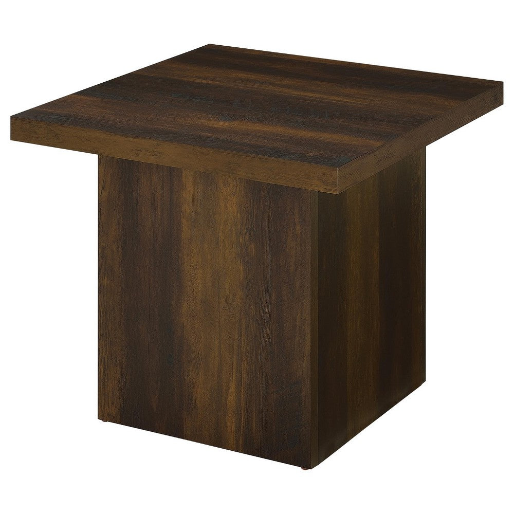 Darla Square Side-End Table, Block Style Base, Brown Wood 24 Inch