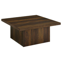 Darla Square Cocktail Coffee Table, Pedestal Base, Brown Wood 36 Inch