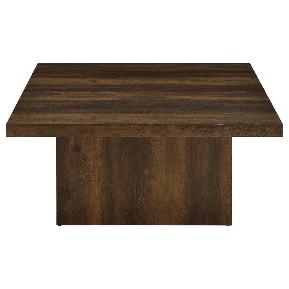 Darla Square Cocktail Coffee Table, Pedestal Base, Brown Wood 36 Inch