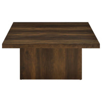 Darla Square Cocktail Coffee Table, Pedestal Base, Brown Wood 36 Inch