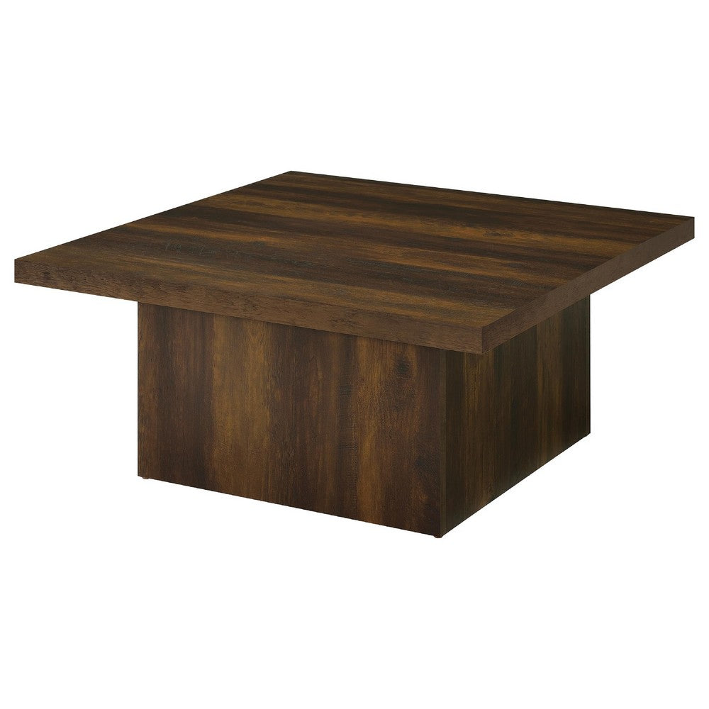 Darla Square Cocktail Coffee Table, Pedestal Base, Brown Wood 36 Inch