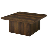 Darla Square Cocktail Coffee Table, Pedestal Base, Brown Wood 36 Inch
