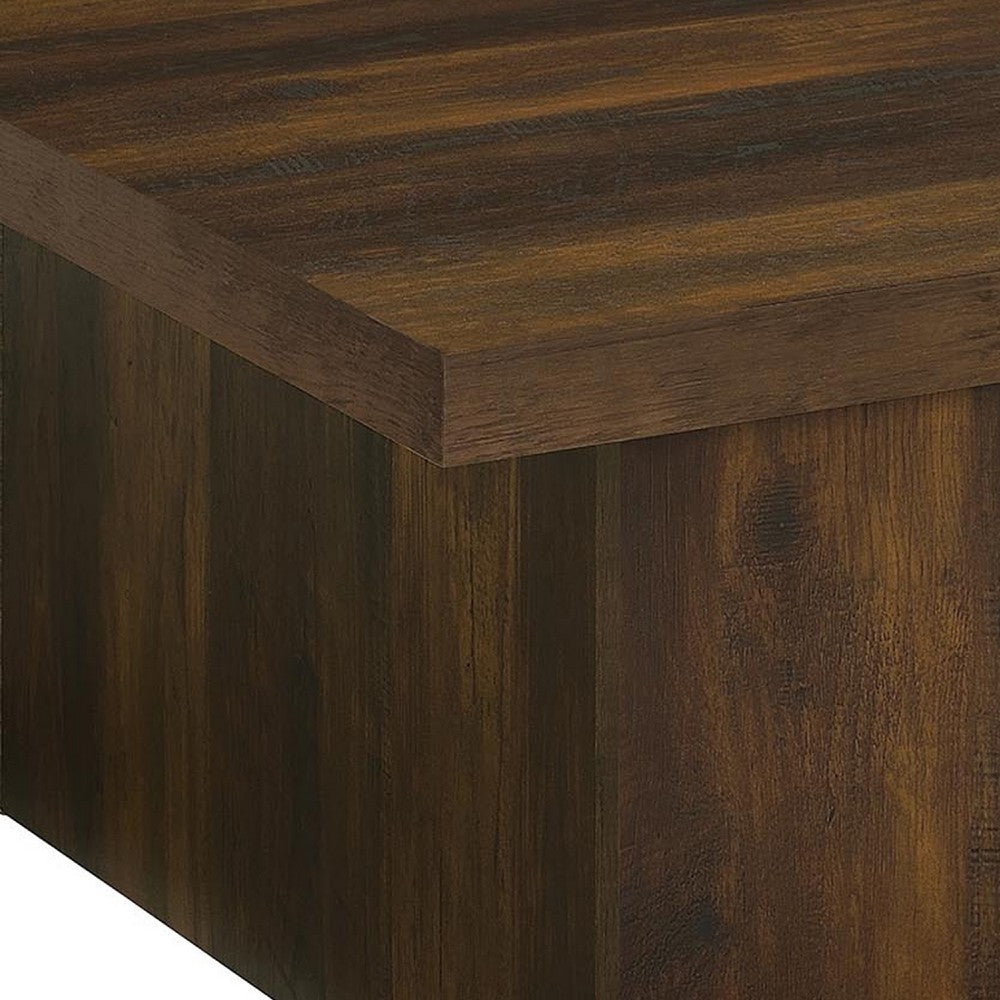 Darla Square Cocktail Coffee Table, Pedestal Base, Brown Wood 36 Inch