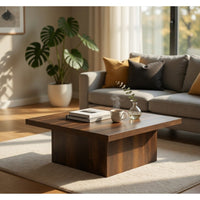 Darla Square Cocktail Coffee Table, Pedestal Base, Brown Wood 36 Inch