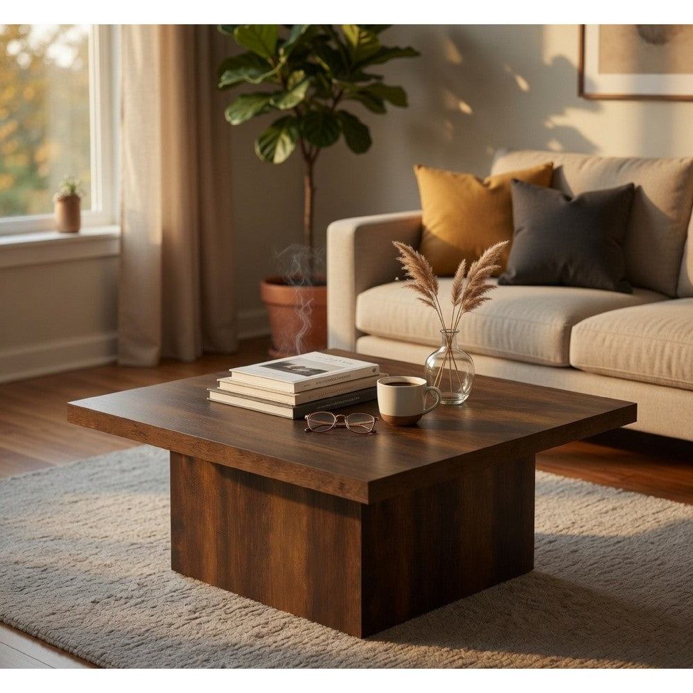Darla Square Cocktail Coffee Table, Pedestal Base, Brown Wood 36 Inch