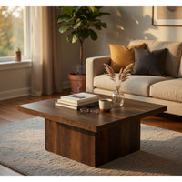 Darla Square Cocktail Coffee Table, Pedestal Base, Brown Wood 36 Inch