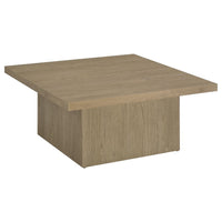 Darla Square Cocktail Coffee Table, Pedestal Base, Brown Wood 36 Inch