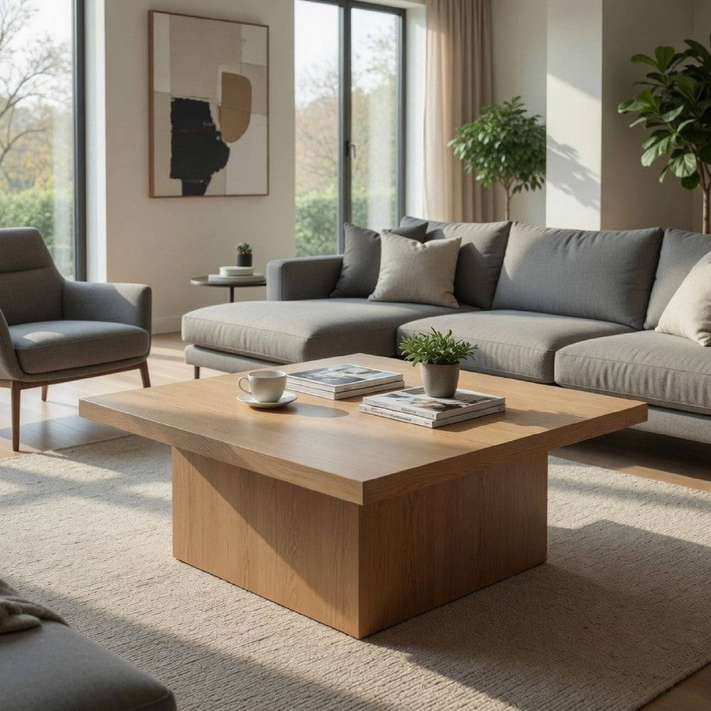 Darla Square Cocktail Coffee Table, Pedestal Base, Brown Wood 36 Inch