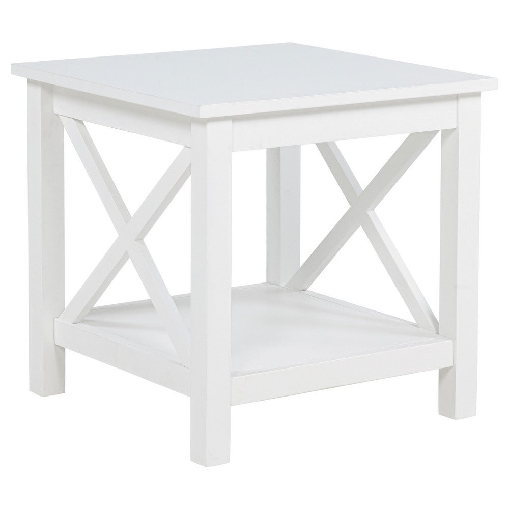 Yuzie Side End Table with Open Shelf, X-Side Frame, White Wood 20 Inch