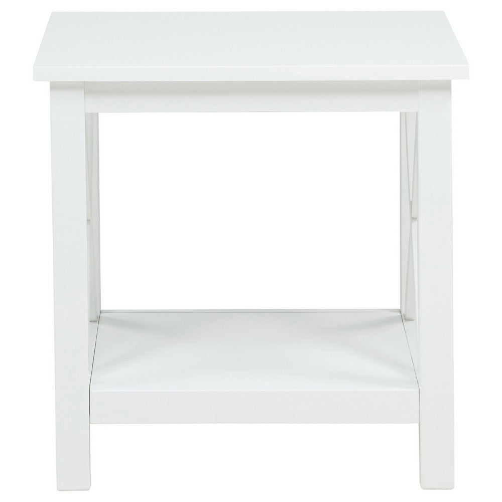 Yuzie Side End Table with Open Shelf, X-Side Frame, White Wood 20 Inch