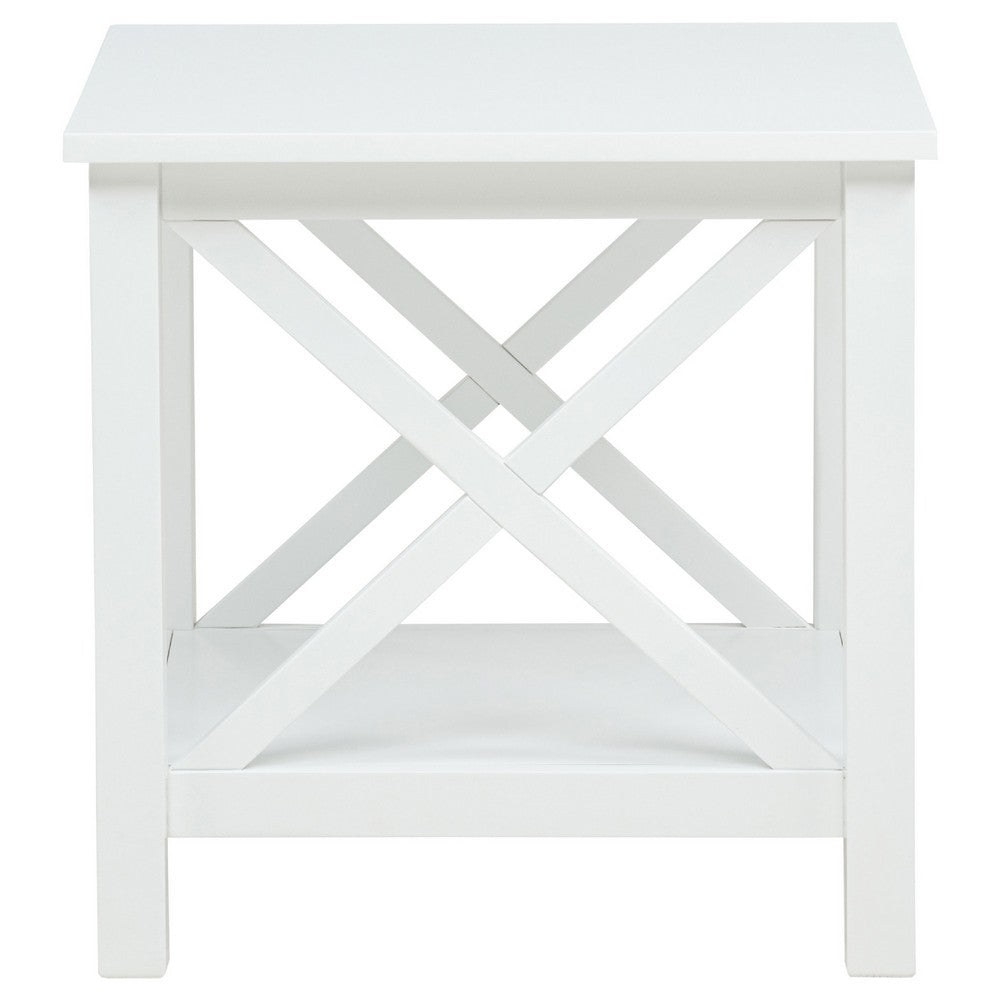 Yuzie Side End Table with Open Shelf, X-Side Frame, White Wood 20 Inch