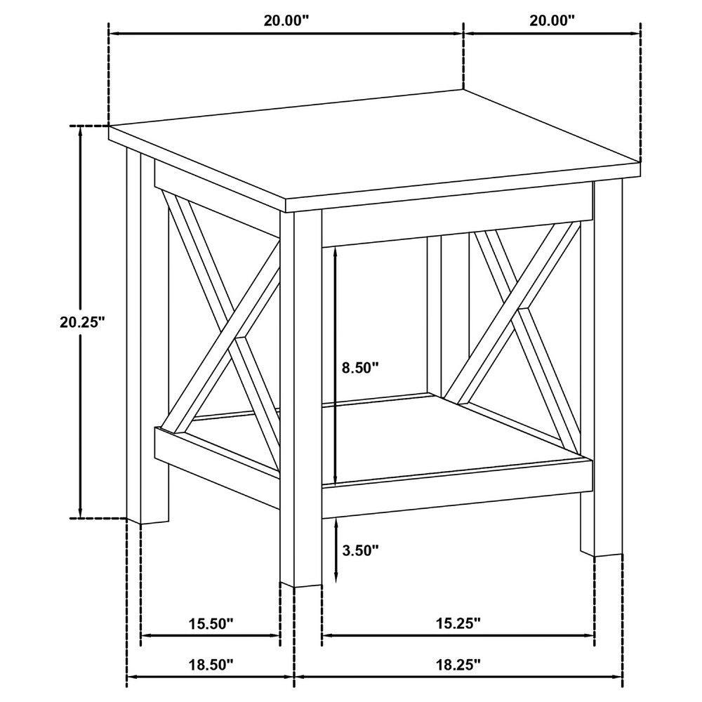 Yuzie Side End Table with Open Shelf, X-Side Frame, White Wood 20 Inch