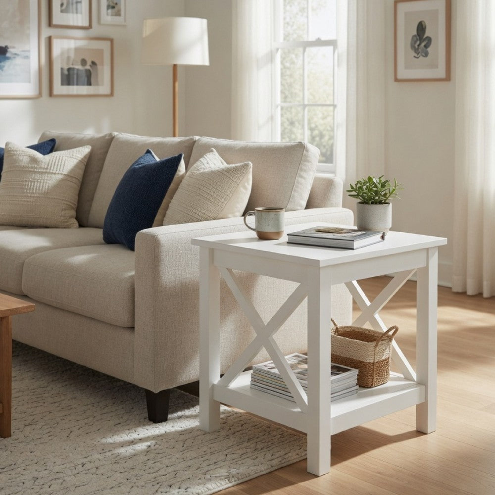 Yuzie Side End Table with Open Shelf, X-Side Frame, White Wood 20 Inch