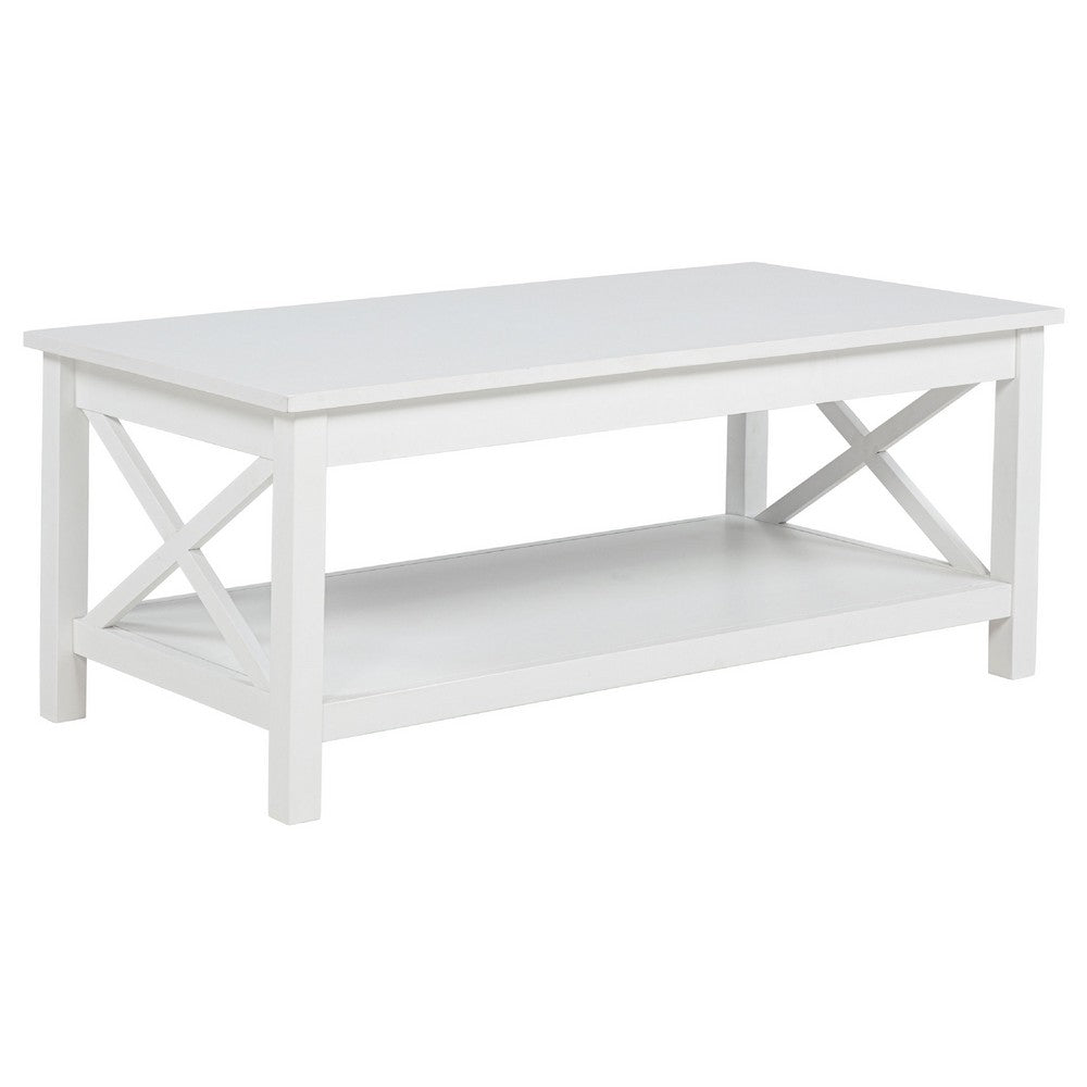 Yuzie Lift-Top Coffee Table w Hidden Storage and Shelf, White Wood 44 Inch