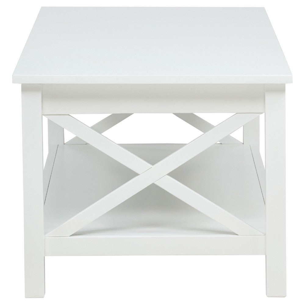 Yuzie Lift-Top Coffee Table w Hidden Storage and Shelf, White Wood 44 Inch