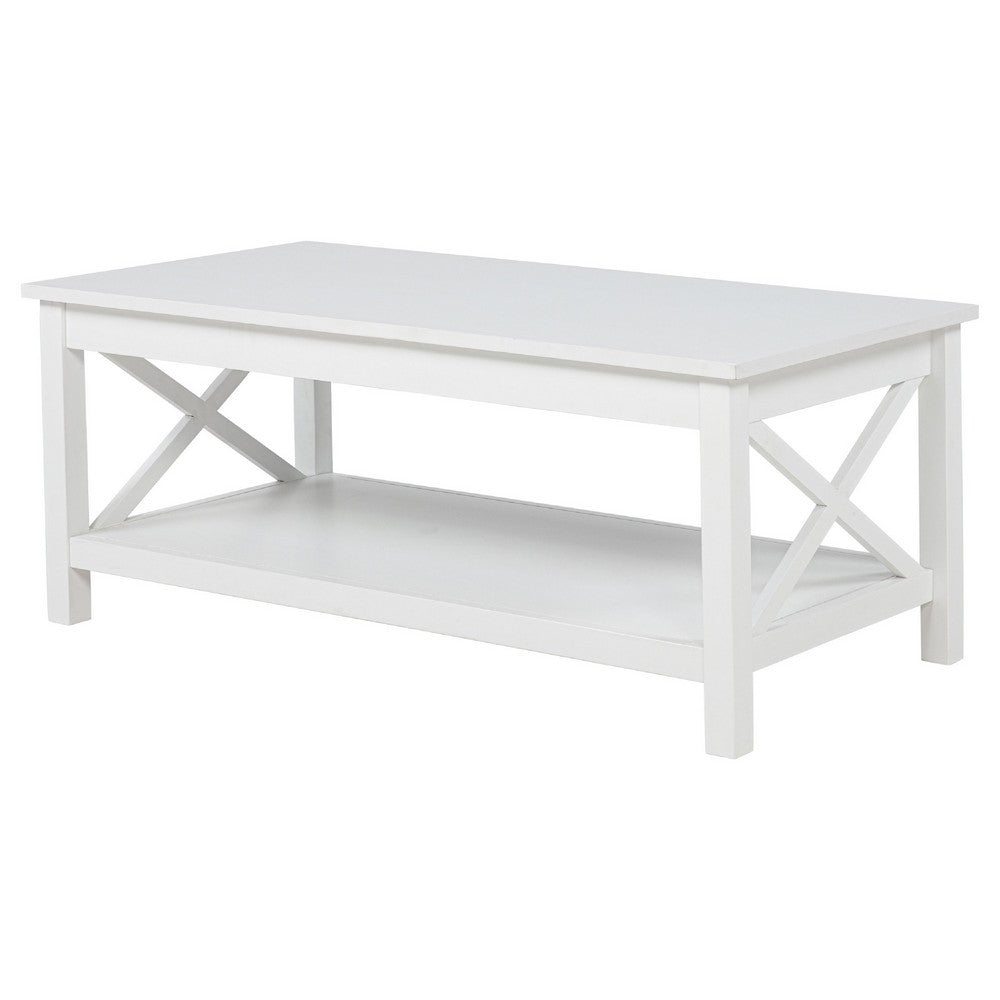 Yuzie Lift-Top Coffee Table w Hidden Storage and Shelf, White Wood 44 Inch