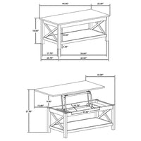 Yuzie Lift-Top Coffee Table w Hidden Storage and Shelf, White Wood 44 Inch