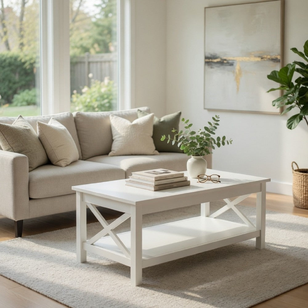 Yuzie Lift-Top Coffee Table w Hidden Storage and Shelf, White Wood 44 Inch