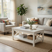 Yuzie Lift-Top Coffee Table w Hidden Storage and Shelf, White Wood 44 Inch