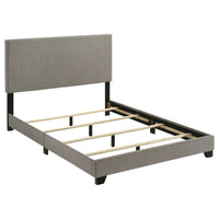 Desy Full Panel Bed, Foam Headboard, Taupe Gray Upholstery, Modern Black