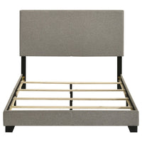 Desy Full Panel Bed, Foam Headboard, Taupe Gray Upholstery, Modern Black
