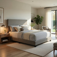 Desy Full Panel Bed, Foam Headboard, Taupe Gray Upholstery, Modern Black
