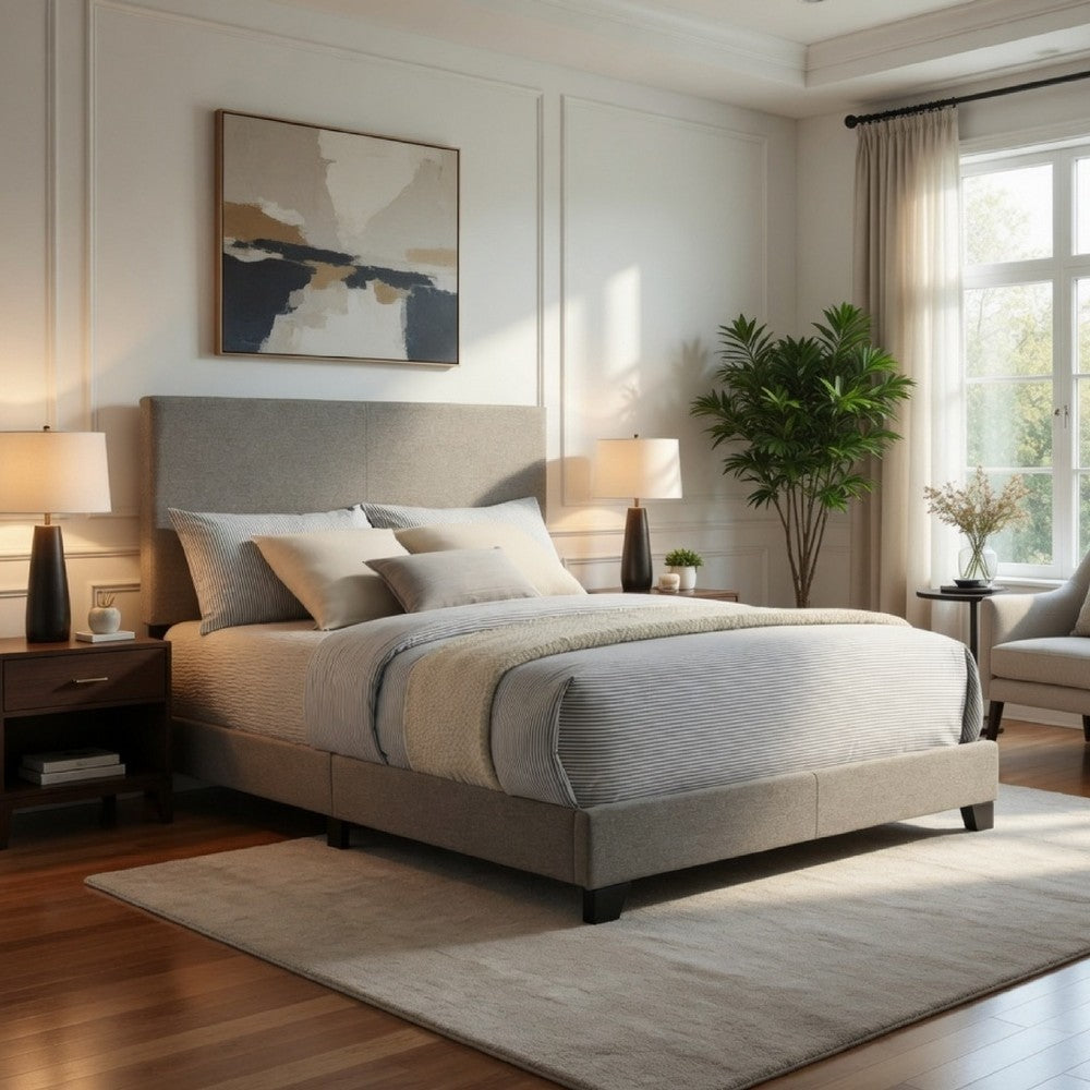 Desy Full Panel Bed, Foam Headboard, Taupe Gray Upholstery, Modern Black