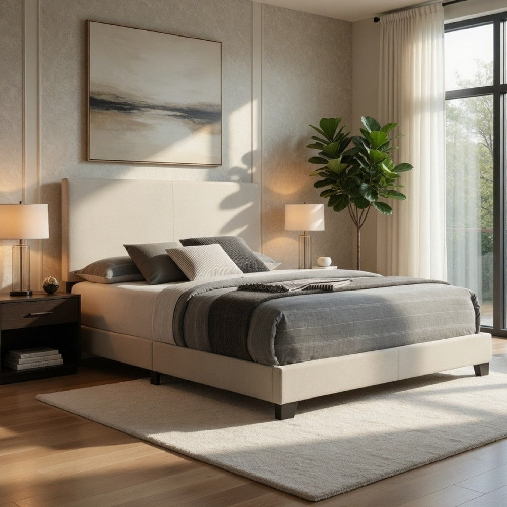 Desy Queen Panel Bed, Foam Headboard, Cream Upholstery, Modern Black