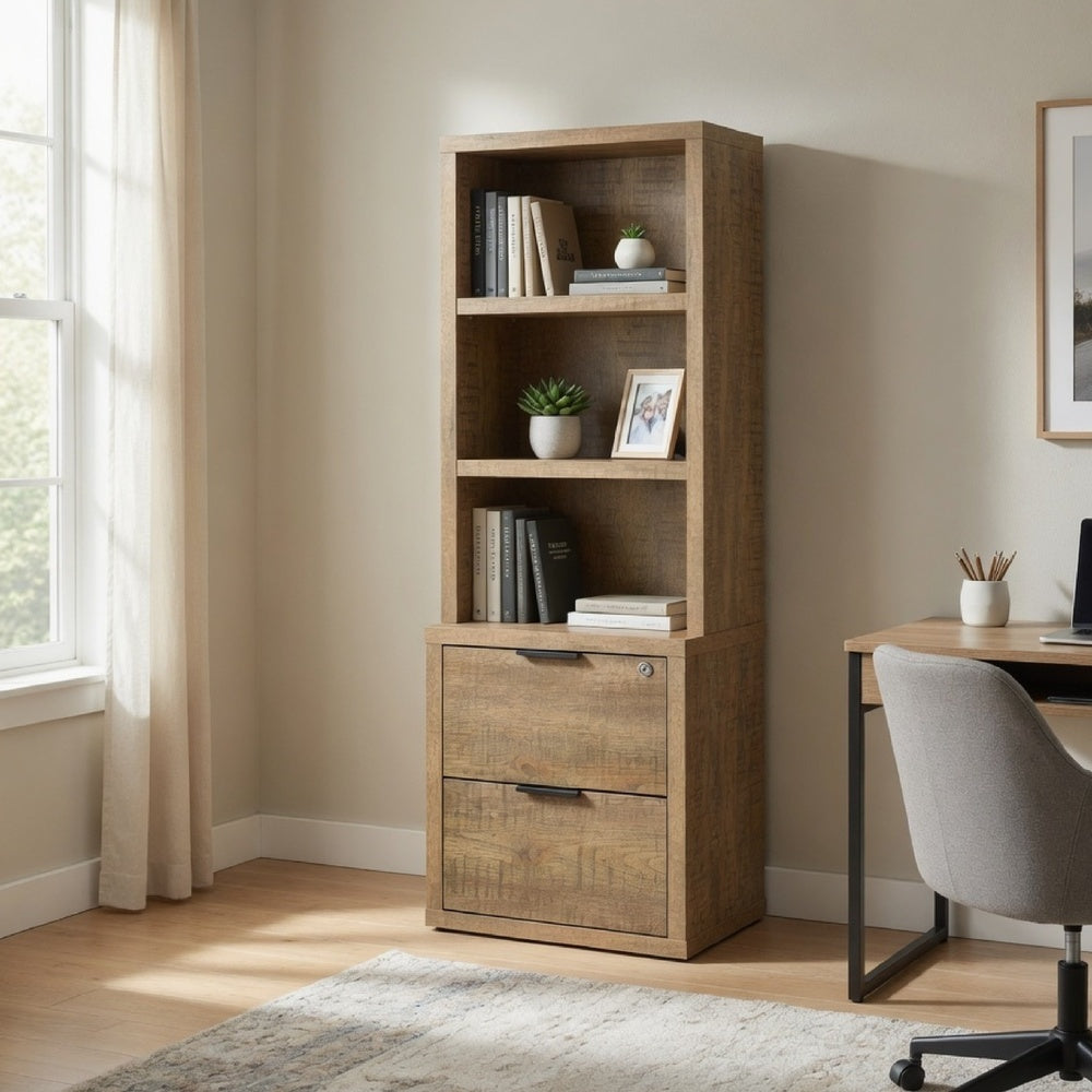 Park Bookcase with 3 Open Shelves, 2 Drawers, 61 Inch Natural Brown-BM352661