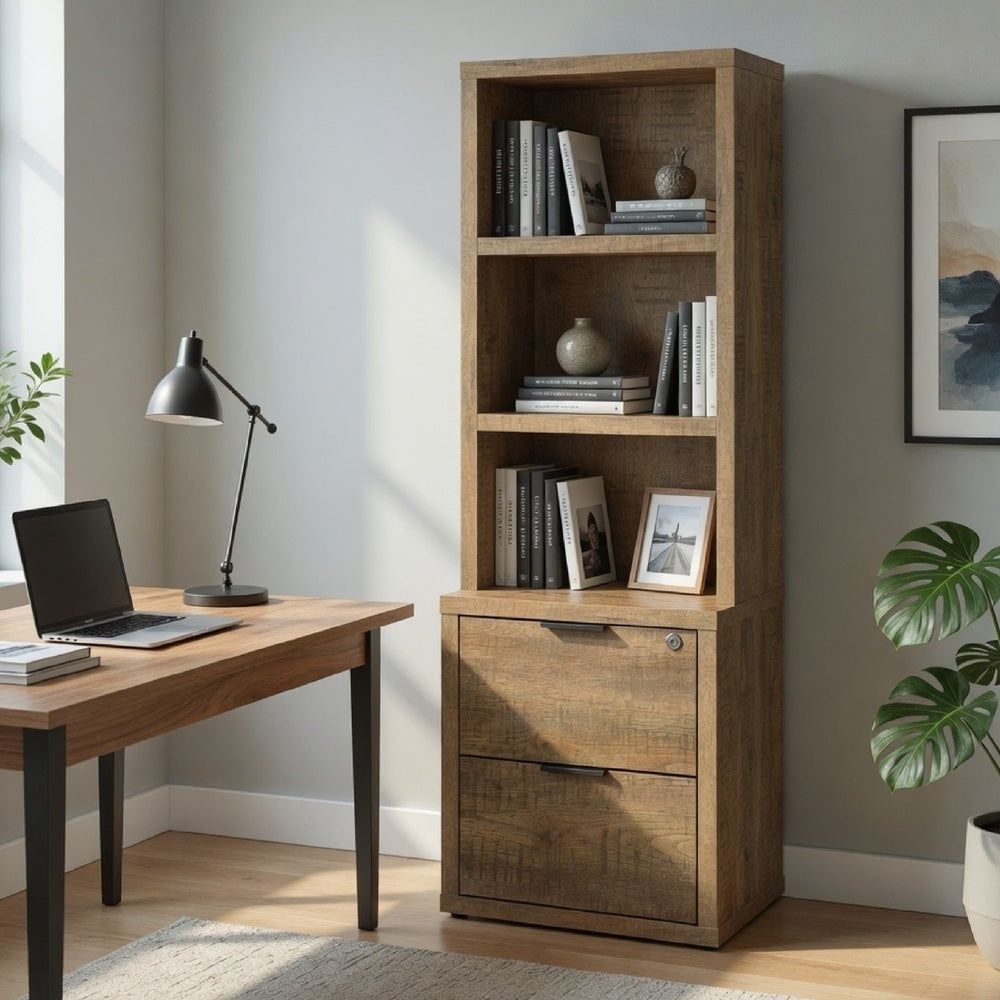 Park Bookcase with 3 Open Shelves, 2 Drawers, 61 Inch Natural Brown-BM352661