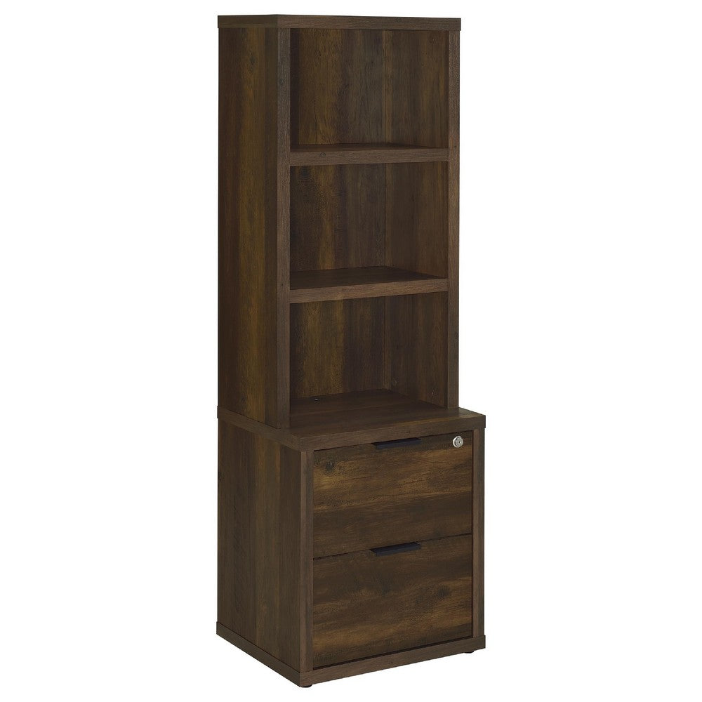 Park Bookcase with 3 Open Shelves, 2 Drawers, 61 Inch  Dark Pine Brown