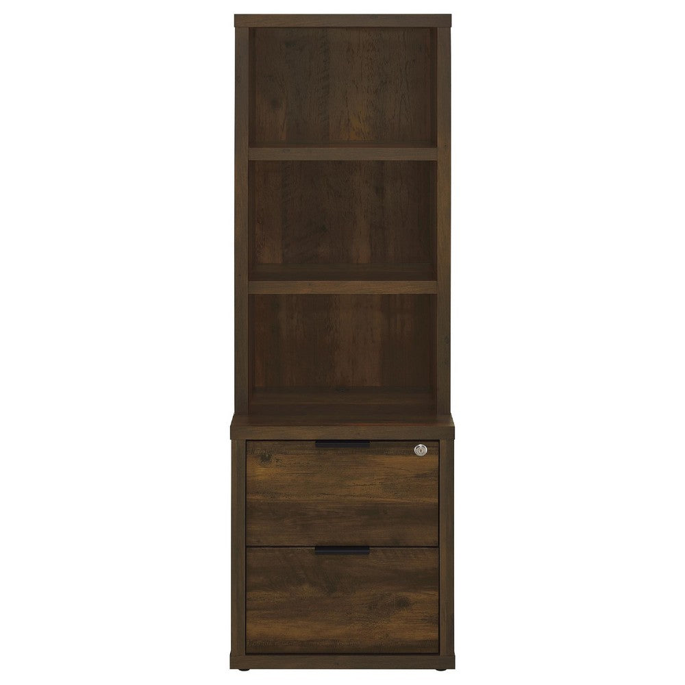 Park Bookcase with 3 Open Shelves, 2 Drawers, 61 Inch  Dark Pine Brown