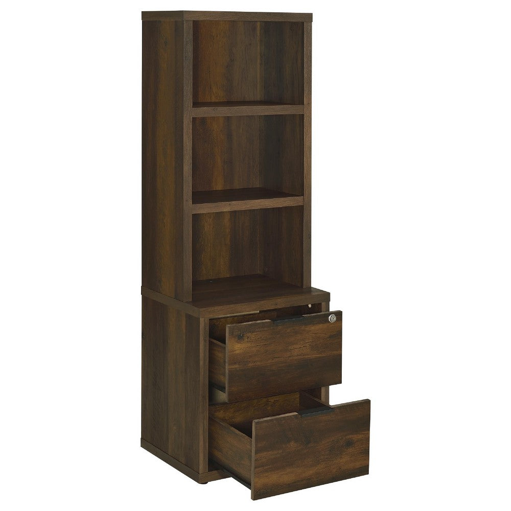 Park Bookcase with 3 Open Shelves, 2 Drawers, 61 Inch  Dark Pine Brown