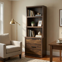 Park Bookcase with 3 Open Shelves, 2 Drawers, 61 Inch  Dark Pine Brown