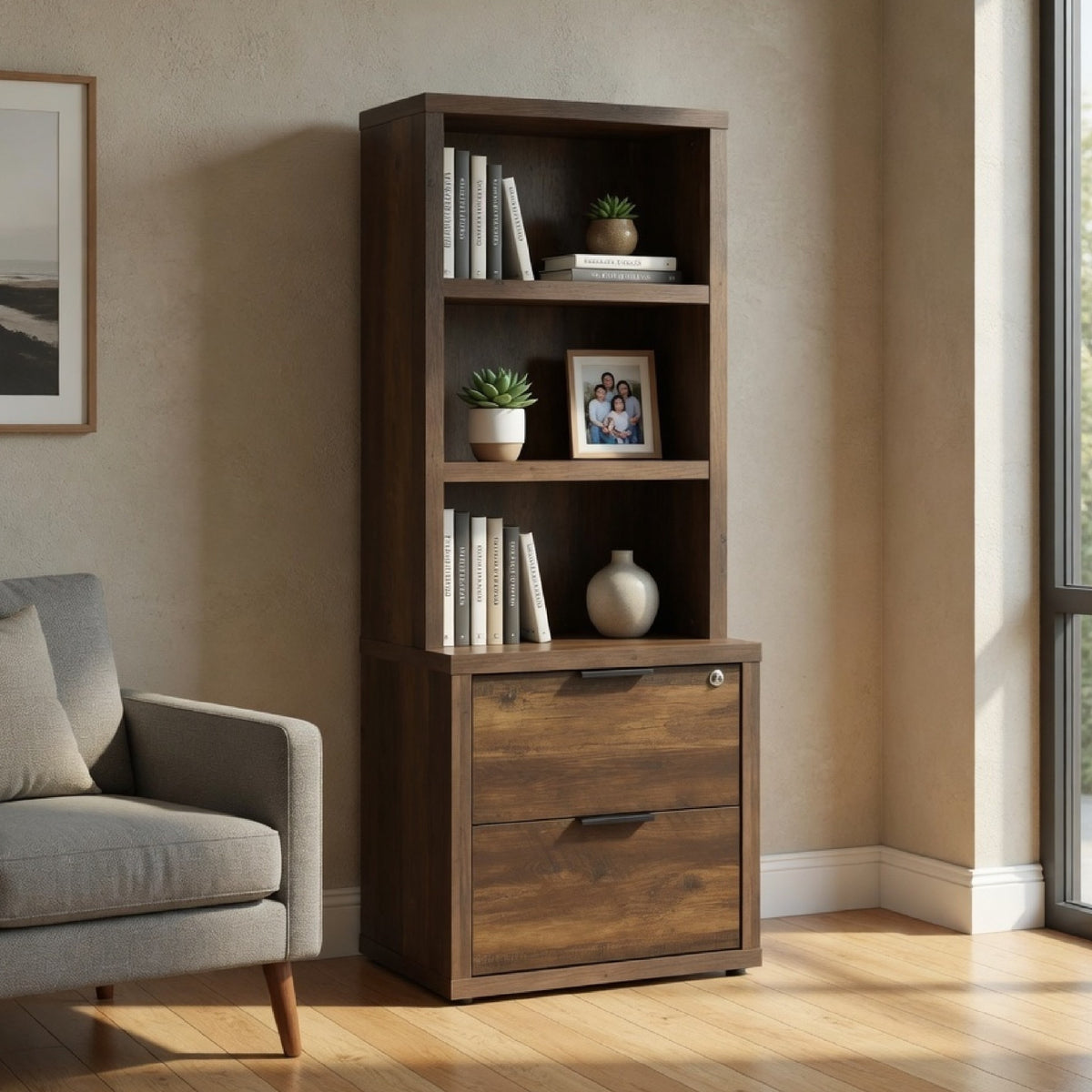 Park Bookcase with 3 Open Shelves, 2 Drawers, 61 Inch  Dark Pine Brown