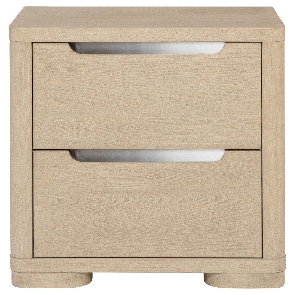 Saina Nightstand with 2 Drawers, Block Feet, Light Elm Wood 27 Inch
