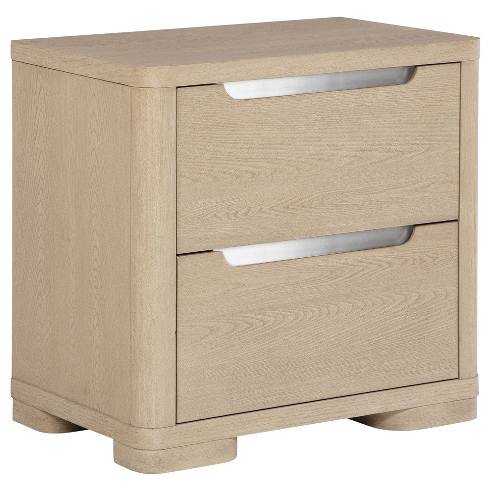 Saina Nightstand with 2 Drawers, Block Feet, Light Elm Wood 27 Inch