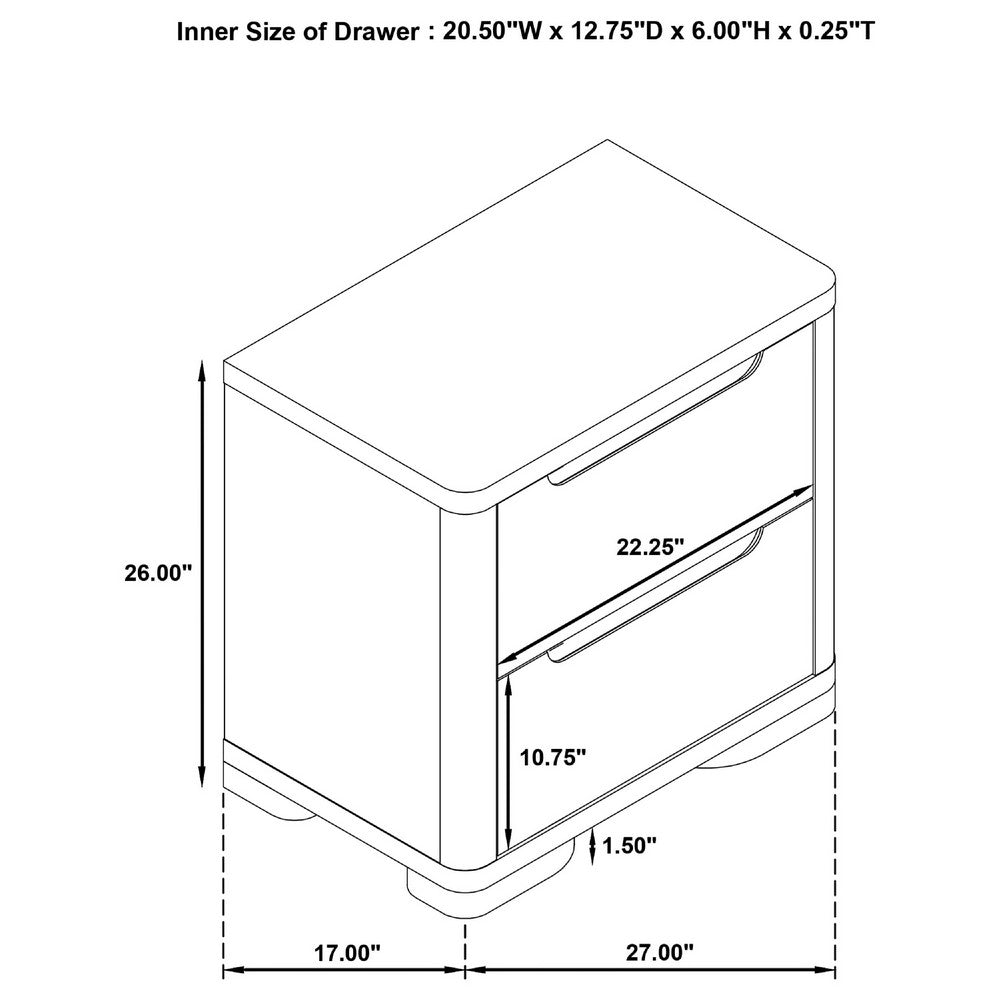 Saina Nightstand with 2 Drawers, Block Feet, Light Elm Wood 27 Inch
