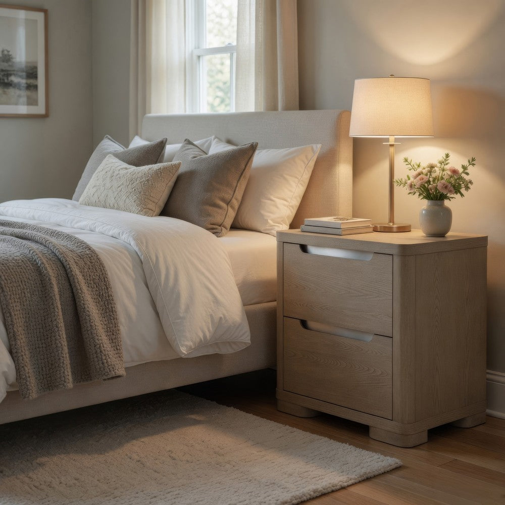 Saina Nightstand with 2 Drawers, Block Feet, Light Elm Wood 27 Inch